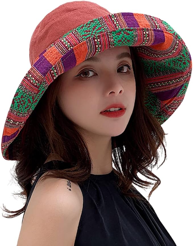 Women Wide Brim Sun Hats Metal Wired Edge Summer UV Protection Beach Fishing Hat for Hiking Garden Travel Chin Strap