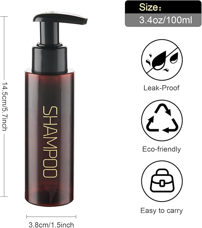 Travel Bottles Plastic Pump Bottle Dispenser TSA Approved 3.4oz/100ml 4 Pack Travel Refillable Shampoo and Conditioner Bottles Empty Travel Size Bottles for Cosmetic, Lotion, Liquid Soap (Brown)