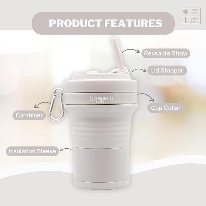 Collapsible Cup with Reusable Straw – 18 Oz (550 Ml), Portable Travel Mug, BPA-Free, Leak-Proof, Microwave & Dishwasher Safe, Multi-Purpose for Hot & Cold Drinks – Gray