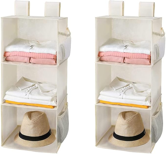 MAX Houser 3-Shelf Hanging Closet Organizers, Collapsible Closet Hanging Shelves for Camper, Nursery Hanging Organizers, Beige, 2-Pack