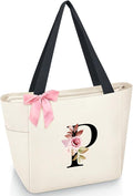 Vavabox Tote Bag, A-Z Initial Monogrammed Waterproof Tote Bag, Bridesmaid Gifts for Women, Black and Pink