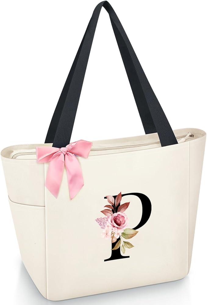 Vavabox Tote Bag, A-Z Initial Monogrammed Waterproof Tote Bag, Bridesmaid Gifts for Women, Black and Pink