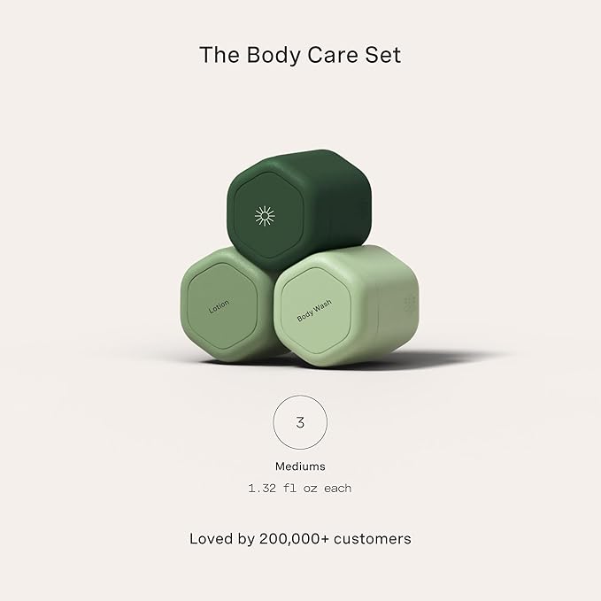 Cadence Travel Containers - Body Care Capsule Set - Magnetic Containers with Lids,Carry On Travel Essentials for Women/Men - 3 Flex Mediums (1.32oz) - Body Wash, Lotion & Sun Icon Labels - Evergreen
