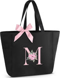 Vavabox Tote Bag, A-Z Initial Monogrammed Waterproof Tote Bag, Bridesmaid Gifts for Women, Black and Pink