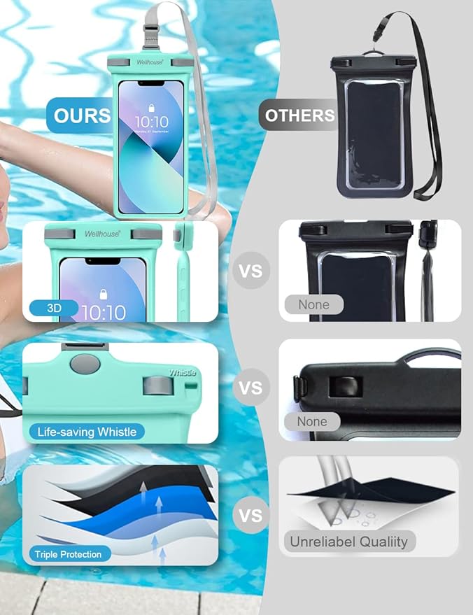 wellhouse Waterproof Phone Pouch, Waterproof Phone Case for iPhone 16 15 14 13 12 Pro Max XS Samsung, IPX8 3D Cellphone Dry Bag Beach Essentials (1 Pack - Crystal Green7.0, 7 inch)