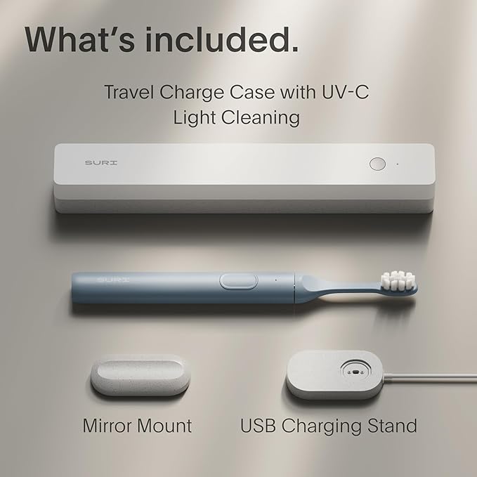 SURI Electric Toothbrush - Sustainably Designed In California. Electric Toothbrushes Adults. Durable Slim Sonic Travel Tooth Brush. 40-Day Battery