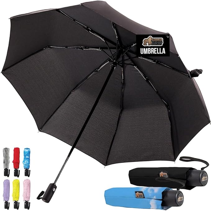 GORILLA GRIP Strong Stick Umbrella for Rain Compact Travel One-Click Automatic Open Close Lightweight Portable US Designed Reinforced Fiberglass Ribs Wind Resistant Easy Collapse Black Sky Blue 2 Pack