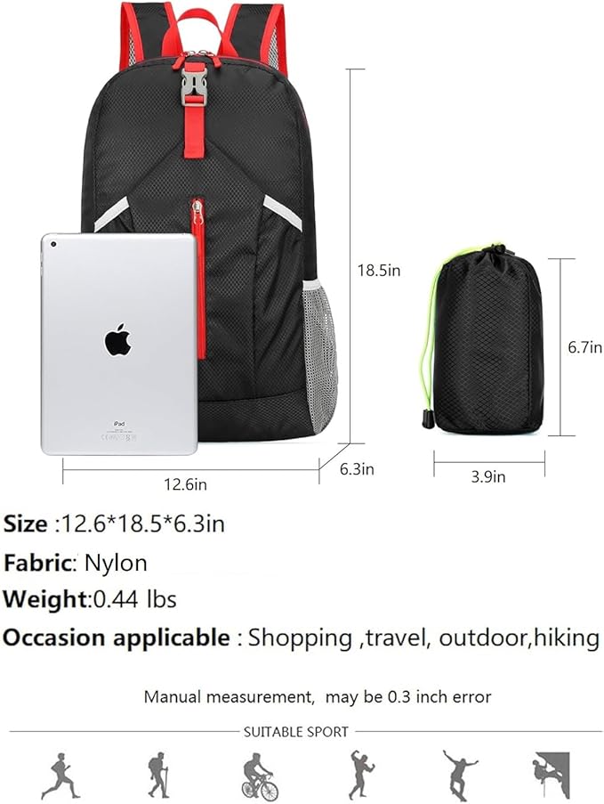 25L Hiking Backpack Foldable Sports Daypack Camping Collapsible Bag Water Repellent Lightweight Travel Men Women (Black)