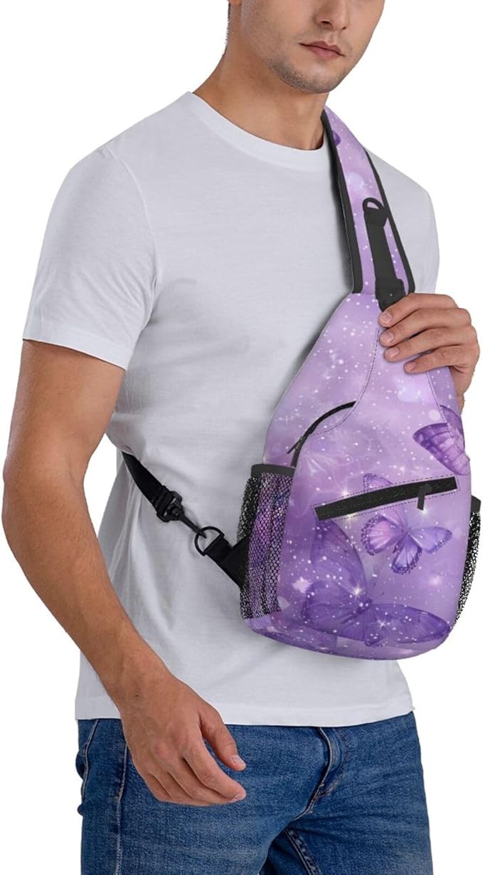 SUPLUCHOM Sling Bag Butterfly Purple Pastel Hiking Daypack Crossbody Shoulder Backpack Travel Chest Pack for Men Women