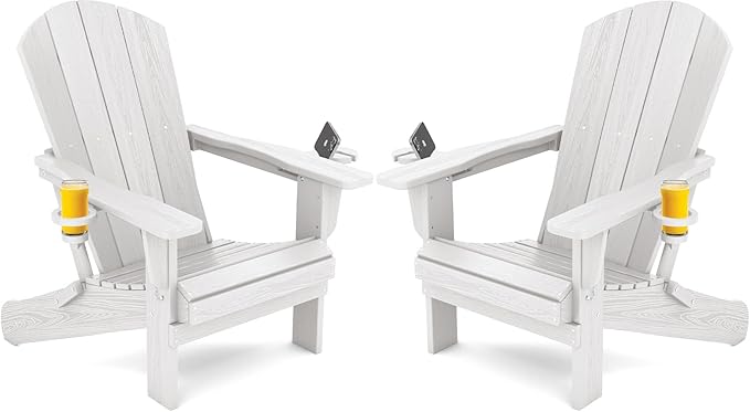 SERWALL Adirondack Chair with Cup Holders - Composite Adirondack Chairs Set of 2 HDPE Outdoor Chairs All Weather Use- White
