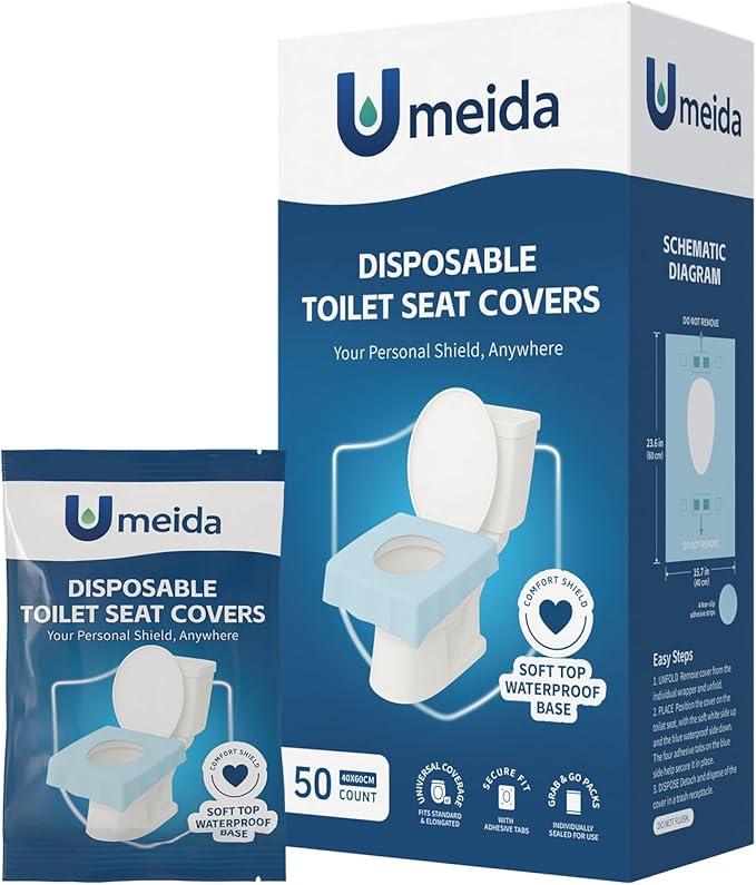 50 Count Disposable Toilet Seat Covers with Secure Adhesive Tabs for a Non-Slip Fit - XL Extra Large, Waterproof, Individually Wrapped for Travel, Kids, Adults, and Public Restrooms