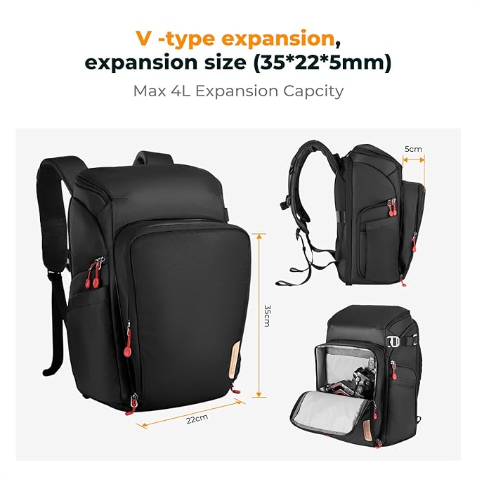 K&F CONCEPT Camera bags Waterproof 25L Large Capacity Camera Case with Raincover Camera Case 15.6 Inch Laptop Compartment Compatible with Canon/Nikon/Sony/DJI Mavic Drone Travel Camera Backpack