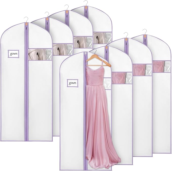 Syeeiex 60'' Garment Bags for Hanging Clothes, Set of 8 Dress Bags for Gowns, Dress Garment Bags for Gowns, Evening Dresses, Fur Coat, Long Dress(White & Purple)