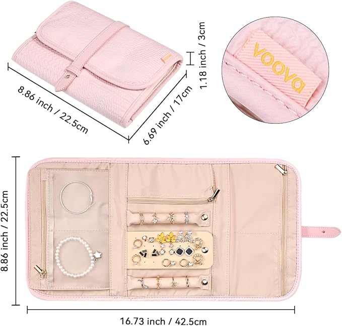 Voova Travel Jewelry Holder Organizer Case, Large Jewelry Storage Bag for Women Girls, Foldable Traveling Jewellery Pouch Roll for Necklaces Rings Earrings Bracelets, Light Pink