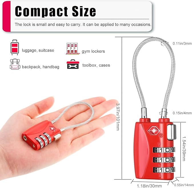 ZHEGE TSA Locks for Luggage 3 Digit Cable Padlock with Alloy Body for Suitcase, Baggage, Backpack, Pistol Case (2 Pack, Red)