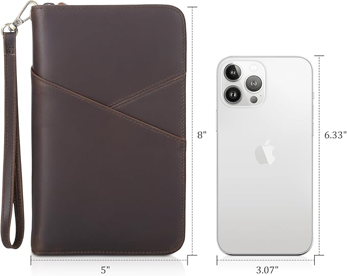 Polare Full Grain Leather Passport Holder With YKK Zipper RFID Blocking Travel Document Organizer Ticket Holder Cover Case Holds 2 Passports (Dark Brown with AirTag Slot)