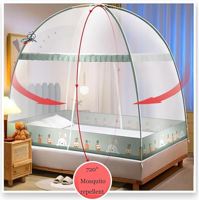 Pop-Up Mosquito Net Tent for Beds Portable Folding Canopy with Net Bottom, Fits Twin to King Size 79x71x59inch, Easy Install Wash for Baby Adults, Indoor Outdoor Use (Green RABIT-Queen Bed)