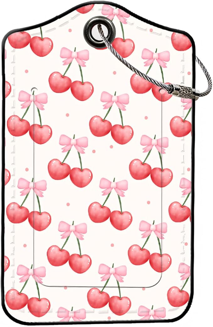 Luggage Tags for Suitcases, 2-Pack PU Leather for Cruise & Travel, Baggage ID Tags with Privacy Cover & Address Card, Durable Metal Ring, Kids Adults Travel Accessories, Sweet Bow Cherries