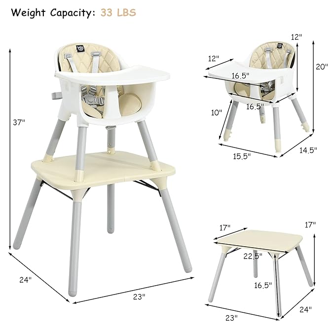 HONEY JOY 5-in-1 High Chair, Convertible Highchair for Babies and Toddlers/Kids Chair Table Set/Infant Feeding Chair w/Safety Harness, PU Leather Cushion & Removable Food Tray (Beige)