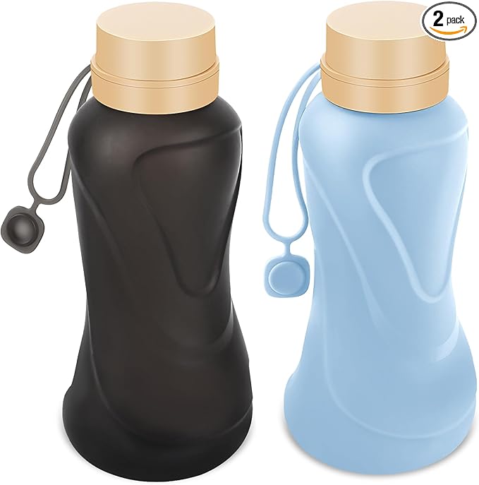 Collapsible Water Bottles 2 Pack,Leak Proof,Reuseable BPA Free Silicone Foldable Water Bottles,Durable Lightweight for Travel Gym Camping Hiking,Compact Size Portable Sports Water Bottle (Black&Blue)