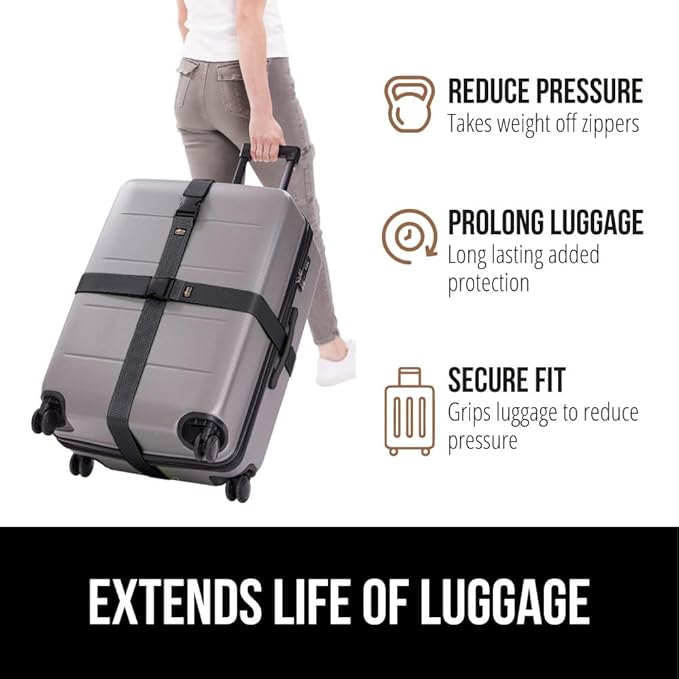 GORILLA GRIP Heavy Duty 4 Pack Adjustable Luggage Straps for Suitcases, Easy to Identify Travel Belt Connector Holds Suitcase Together, Extends Life of Bag, Strap Connects Two Bags, Accessories, Black