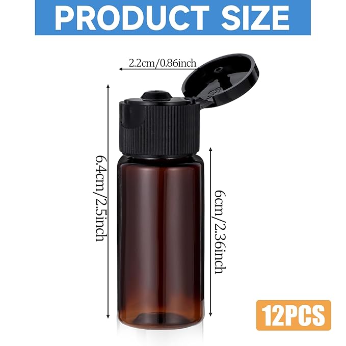 Travel Size Make up Sample Containers, 12 Pieces Plastic Mini Empty Toiletry Bottles 1/2 Oz Leak Proof Liquid Containers with Lids for Travel Liquid Toiletries, Amber