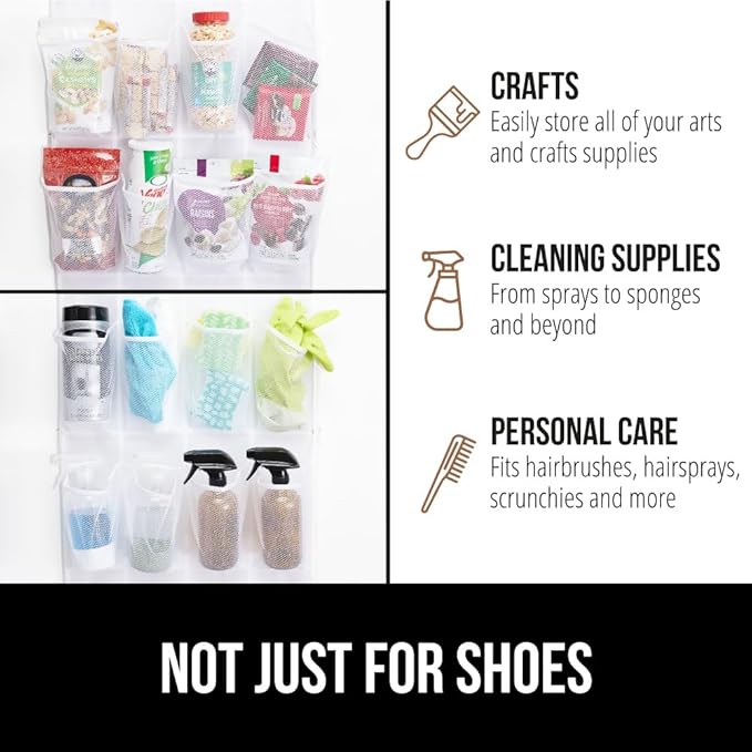 GORILLA GRIP Over the Door Shoe Organizer, 2 Pack, 24 Breathable Mesh Pockets, Space Saving Hanging Storage Holder, Closet Rack Hanger Holds Up to 40 lbs, Hangs on Closets, Shoes, Accessories, White