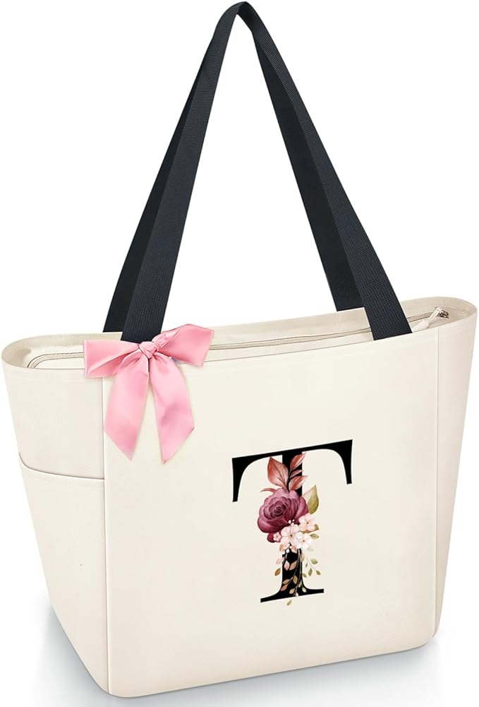 Vavabox Tote Bag, A-Z Initial Monogrammed Waterproof Tote Bag, Bridesmaid Gifts for Women, Black and Pink