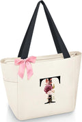Vavabox Tote Bag, A-Z Initial Monogrammed Waterproof Tote Bag, Bridesmaid Gifts for Women, Black and Pink