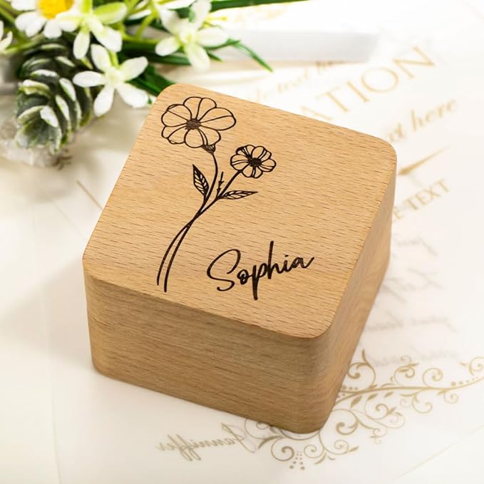 Custom Engraving Ring Gift Box Wooden Presentation Jewelry Box Case with 3 Ring Slots for Proposal Engagement Wedding Ceremony Birthday Gift