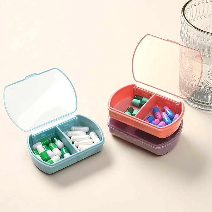 2PCS Small Pill Case Travel Pill Box Cute Pill Organizer for Purse Portable Daily Medicine Organizer 2 Compartment Pill Holder for Vitamins, Fish Oil, Supplements