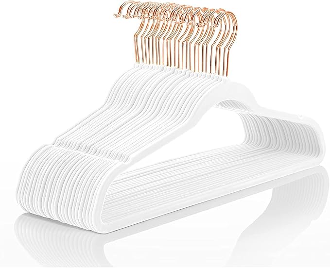 MIZGI Premium Velvet Hangers (60 Pack) Heavy Duty - Non Slip Felt Hangers - Velvet Suit Hanger White - Rose Gold Hooks,Space Saving Clothes Hanger