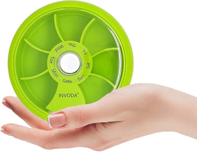INVODA Weekly Pill Organizer 7 Compartment Rotating Pill Box for Daily Medication & Vitamins - Portable Travel Pill Case Fish Oil Supplements Vitamins Organizer (Green+Orange)