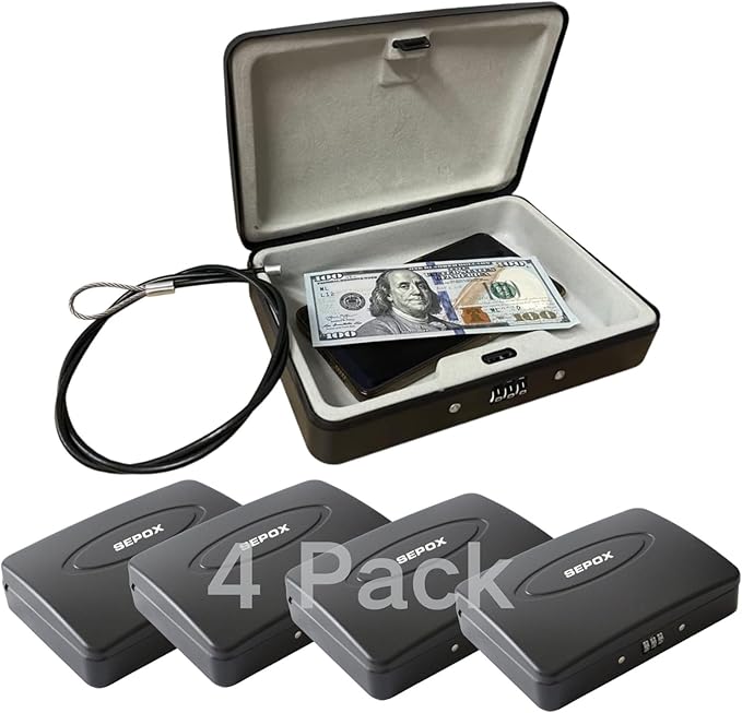 SEPOX® 4Pcs Water/Fire-Resistant Portable Security Case Lock Box Steel, Personal Travel Safe Storage Cabinet for Small Item, 3-Ft Cable, Ressetable Combination Lock for Dorm, Car, Sports, Office