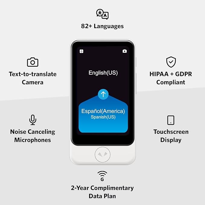 POCKETALK S2 Plus Business eSIM 5 Year White - Voice & Camera Real-Time Translator - 92+ Languages, Extra Large Screen and Battery Life