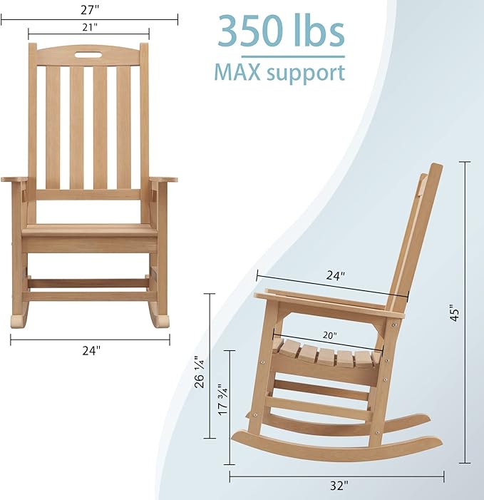 Psilvam Oversized Outdoor Rocking Chair Set of 2, Porch Rocker with 21" Wide Seat and 32" Tall Backrest, Pre-Assembled with Most Components for Effortless Installation (Teak Color)