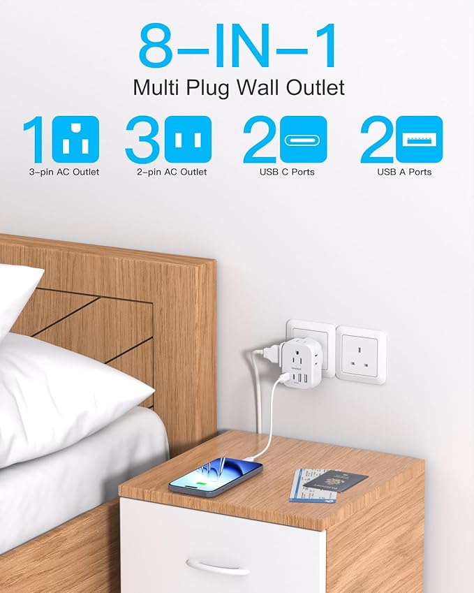 Travel Cruise Ship Essentials, Travel Plug Adapter with 4 Outlets 4 USB (4 USB-C), Cruise Approved Power Strip Non Surge Protector, Multi Plug Wall Outlet Extender, Travel Cruise Must Have Accessories