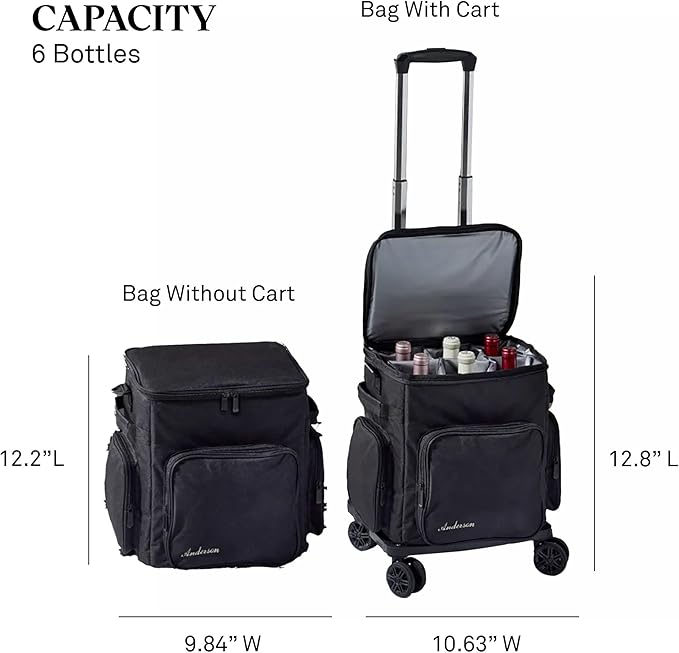 Wine Enthusiast 6 Bottle Insulated Wine Bag with Rolling Cart - Waterproof Oxford Cloth Wine Travel Tote with Shoulder Strap, USB Port, Pockets - Folding Trolley for Wine Transport - Fridge Bag