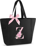 Vavabox Tote Bag, A-Z Initial Monogrammed Waterproof Tote Bag, Bridesmaid Gifts for Women, Black and Pink