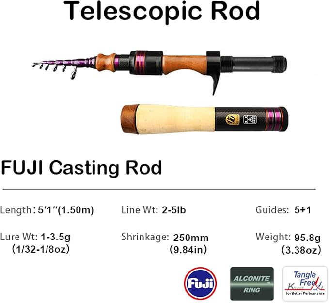 PURELURE Telescopic Fishing Rod Spinning & Casting, Fuji Alconite Ring, Detachable Handle Closed Length 9.8in, Spare Carbon Solid Tip, Solid Wood Reel Seat Lightweight 3A-Grade Cork Handle Travel Rod