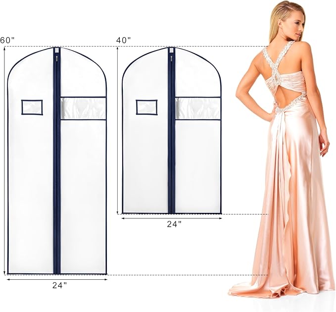 Syeeiex 60'' Garment Bags for Hanging Clothes, Set of 8 Dress Bags for Gowns, Dress Garment Bags for Gowns,Evening Dresses,Fur Coat,Long Dress(White & Dark Blue)