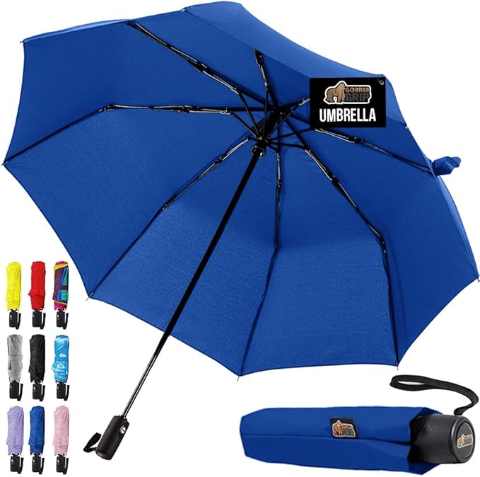 GORILLA GRIP Strong Stick Umbrella for Rain, Compact Travel One-Click Automatic Open Close, Lightweight, Portable, US Designed Reinforced Fiberglass Ribs, Wind Resistant, Easy Collapse, Navy