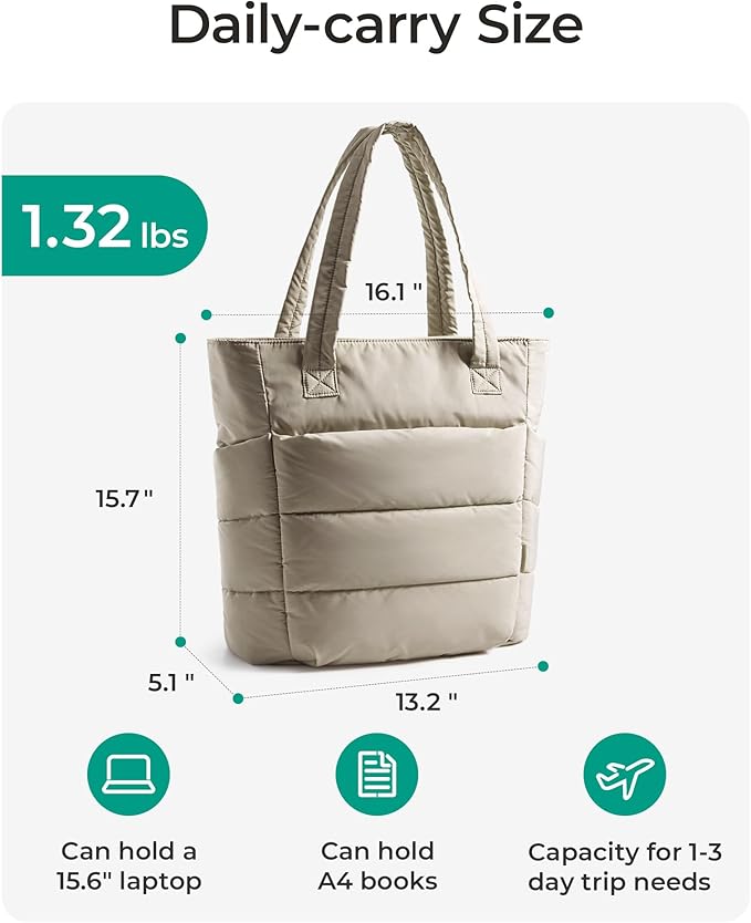 BAGSMART Tote Bag for Women, Lightweight Puffy Tote Bag with Compartments Shoulder Bag Handbag for Travel, Work, Gym,