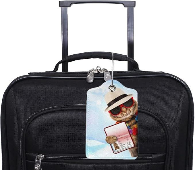 2 Pack Funny Cat Luggage Tags for Suitcases Women Men Kids, Bag Tags for Leather Luggage with Waterproof Suitcase Tags Privacy Cover Name ID Label Steel Loop for Travel Bag Suitcase (Funny Cat)