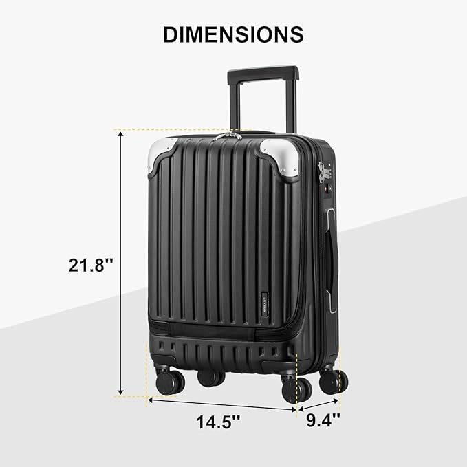 LEVEL8 Grace Carry on Luggage, 20 Inch Hard Shell Suitcases with Spinner Wheels, Abs+Pc Hard Case Luggages with Tsa Lock, Black