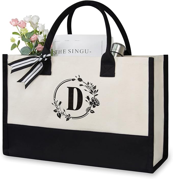 TOPDesign Personalized Initial Jute/Canvas Beach Bag, Monogrammed Gift Tote Bag for Women