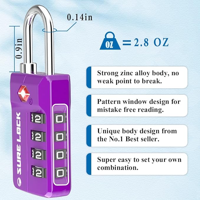 TSA Approved Travel Luggage Locks, Open Alert Combination Lock for School Office & Gym Locker,Toolbox, Pelican Case,Easy Read Dials- 1, 2 & 4 Pack (1, Dark Purple 2 Pack)