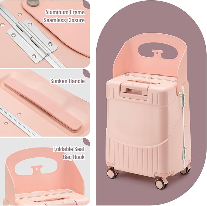 20 Inch Carry On TSA Lock Luggage for Kids& Adult,Lockable Spinner Wheels Free Luggage Cover and Safety Seatbelt Travel Suitcase (Carry-On TSA Luggage with Child Seat Pink)
