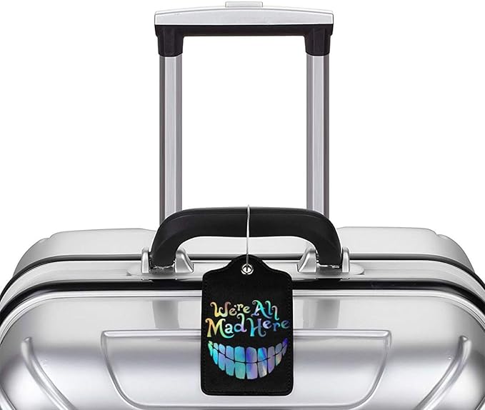 2 Pack Luggage Tags for suitcases Funny Cute Smiley Face We're All Mad Here Luggage Tag, Leather Stainless Steel Loop Label Tag for Men Women Travel Bag Suitcase(Smiley)