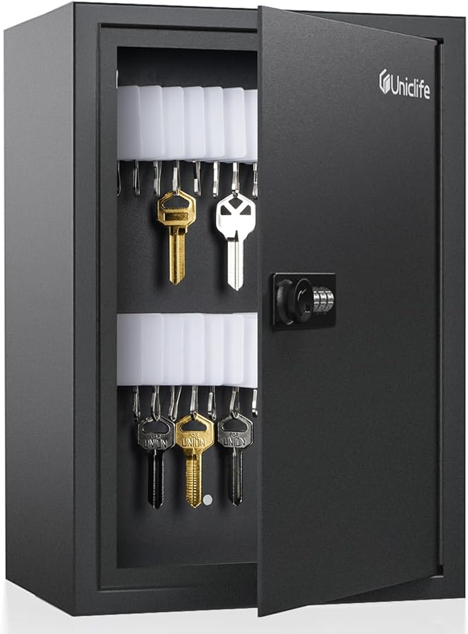 Uniclife 40 Position Slotted Key Cabinet with Combination Lock Resettable Black Digital Security Storage Box Steel Key Organizer with Slotted Racks White Key Tag Labels and Permanent Pen
